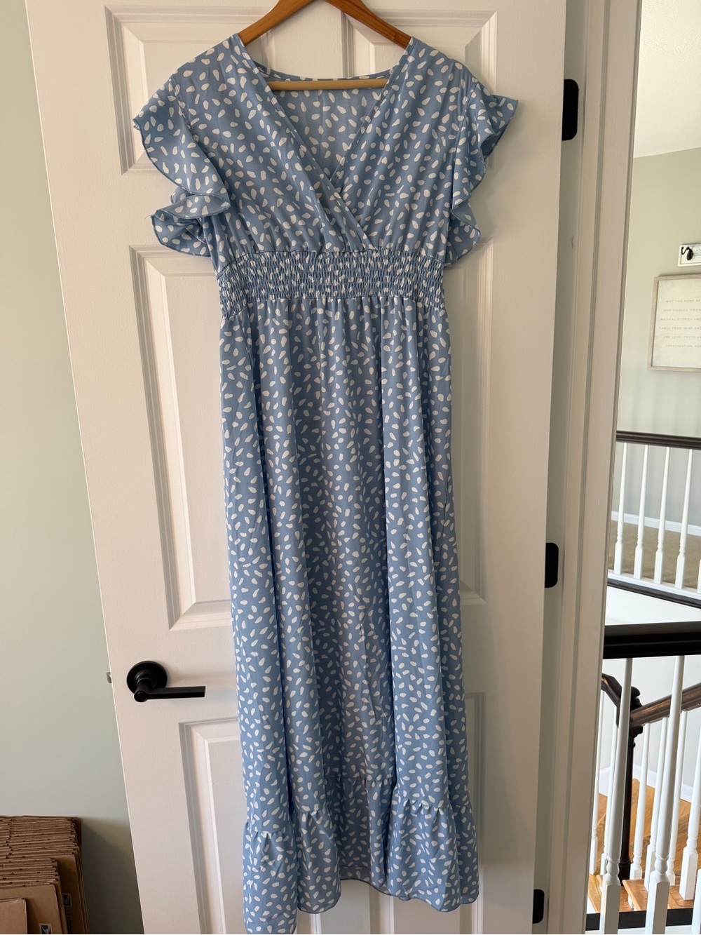 Light Blue Printed Maxi Dress with Smocked Waist